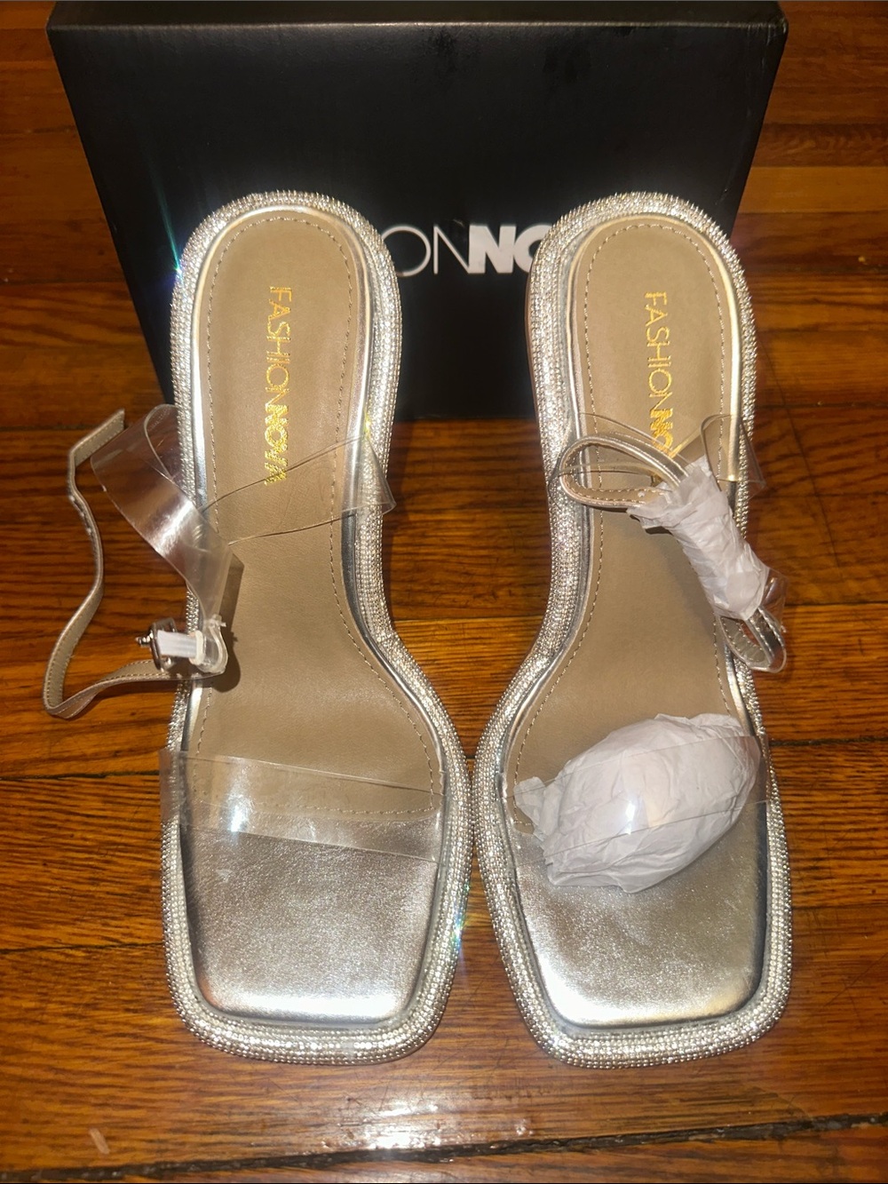 Fashion Nova Silver Clear-Strap Heeled Sandals